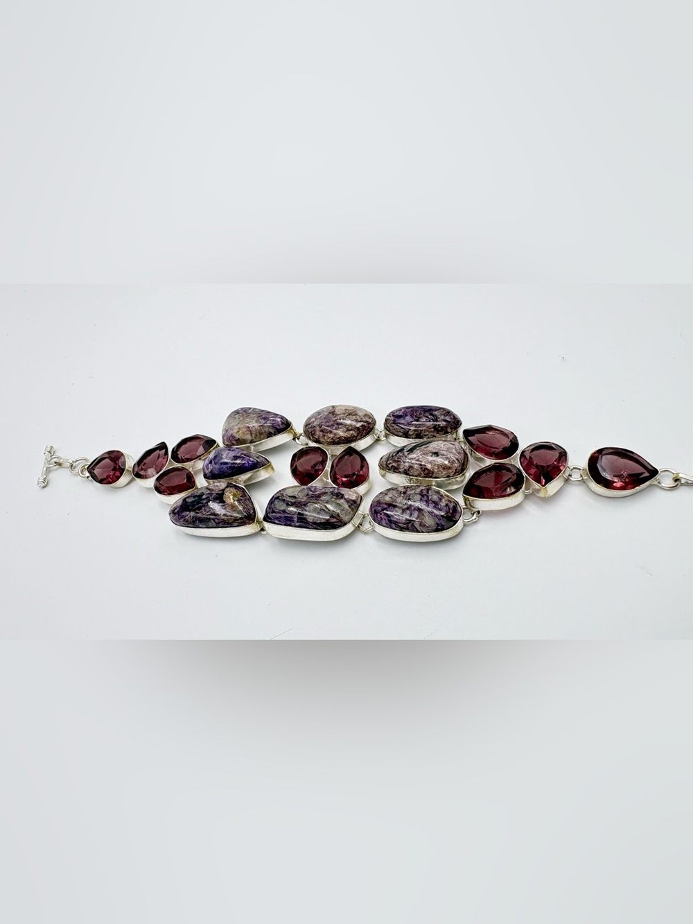 Sterling Silver Charoite and Garnet Gemstone Bracelet